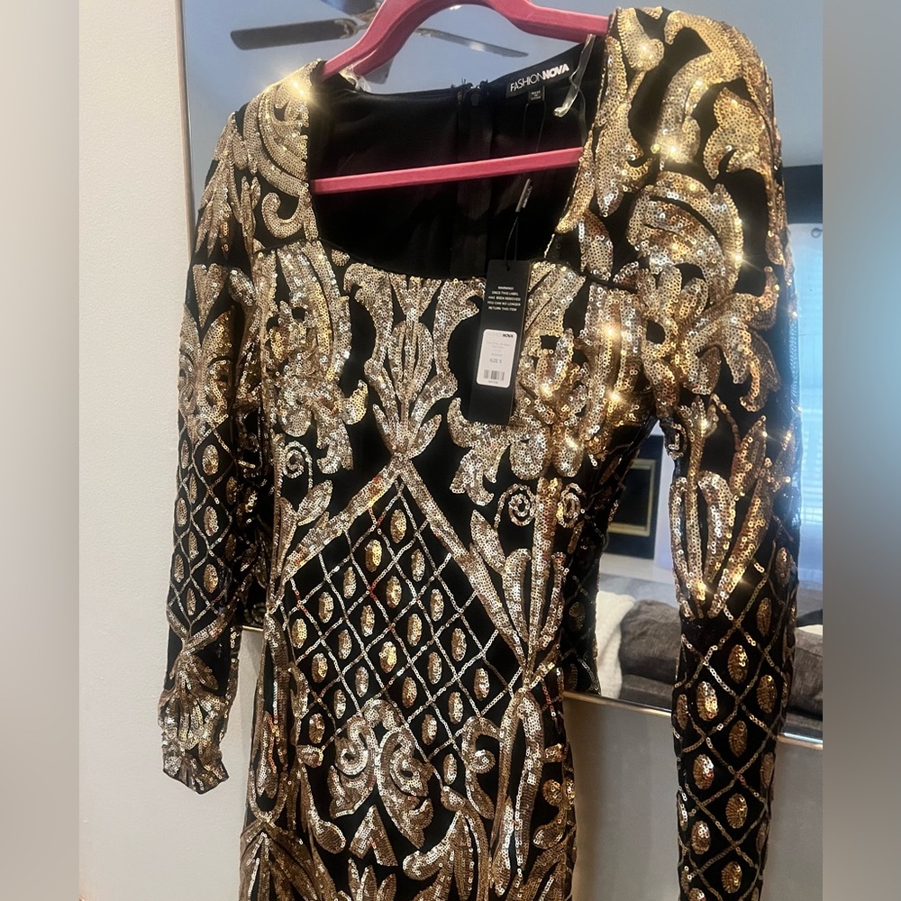 Fashion Nova Black and Gold Sequin Dress